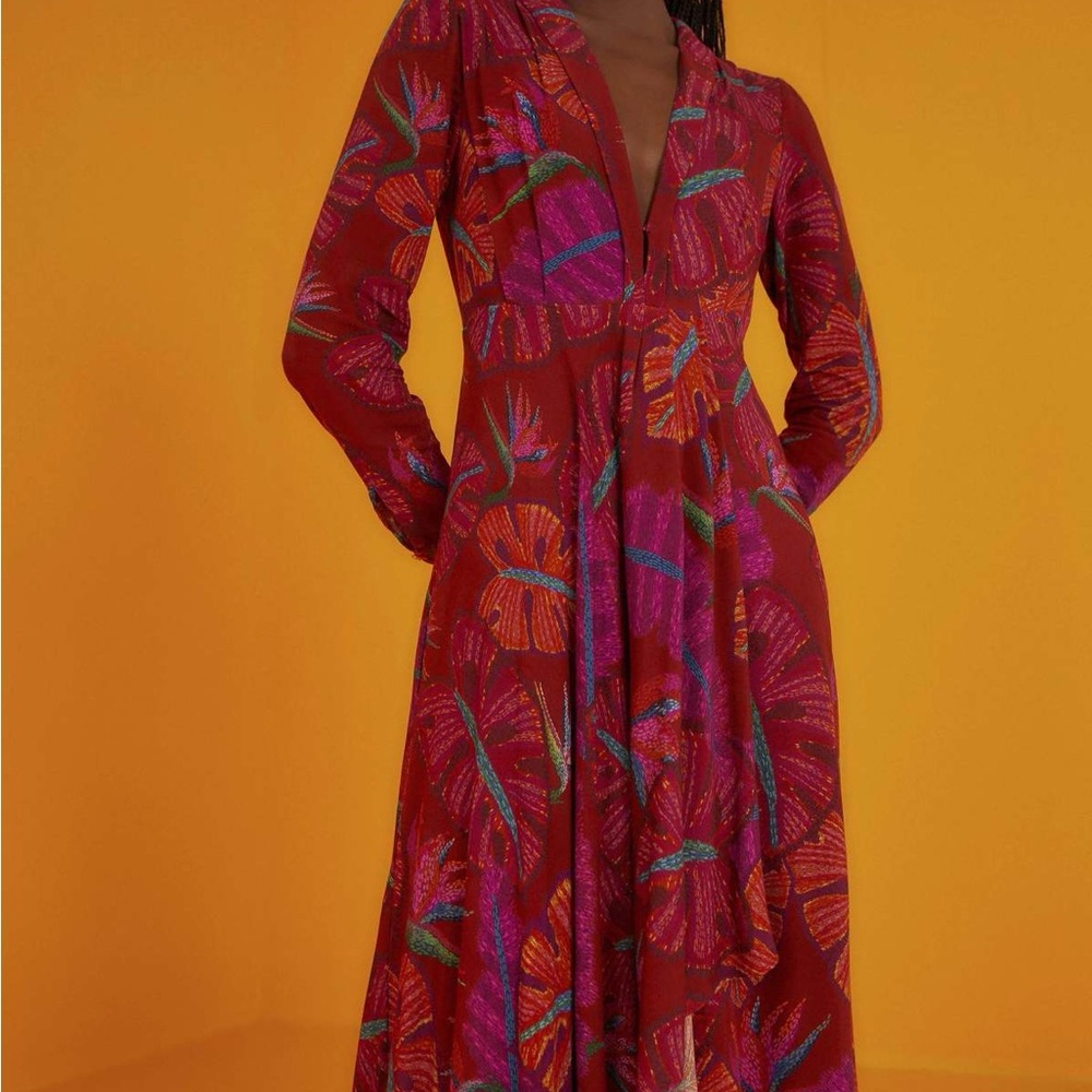 FARM Rio - EUC Red Delicate Leaves Maxi Dress - Size S